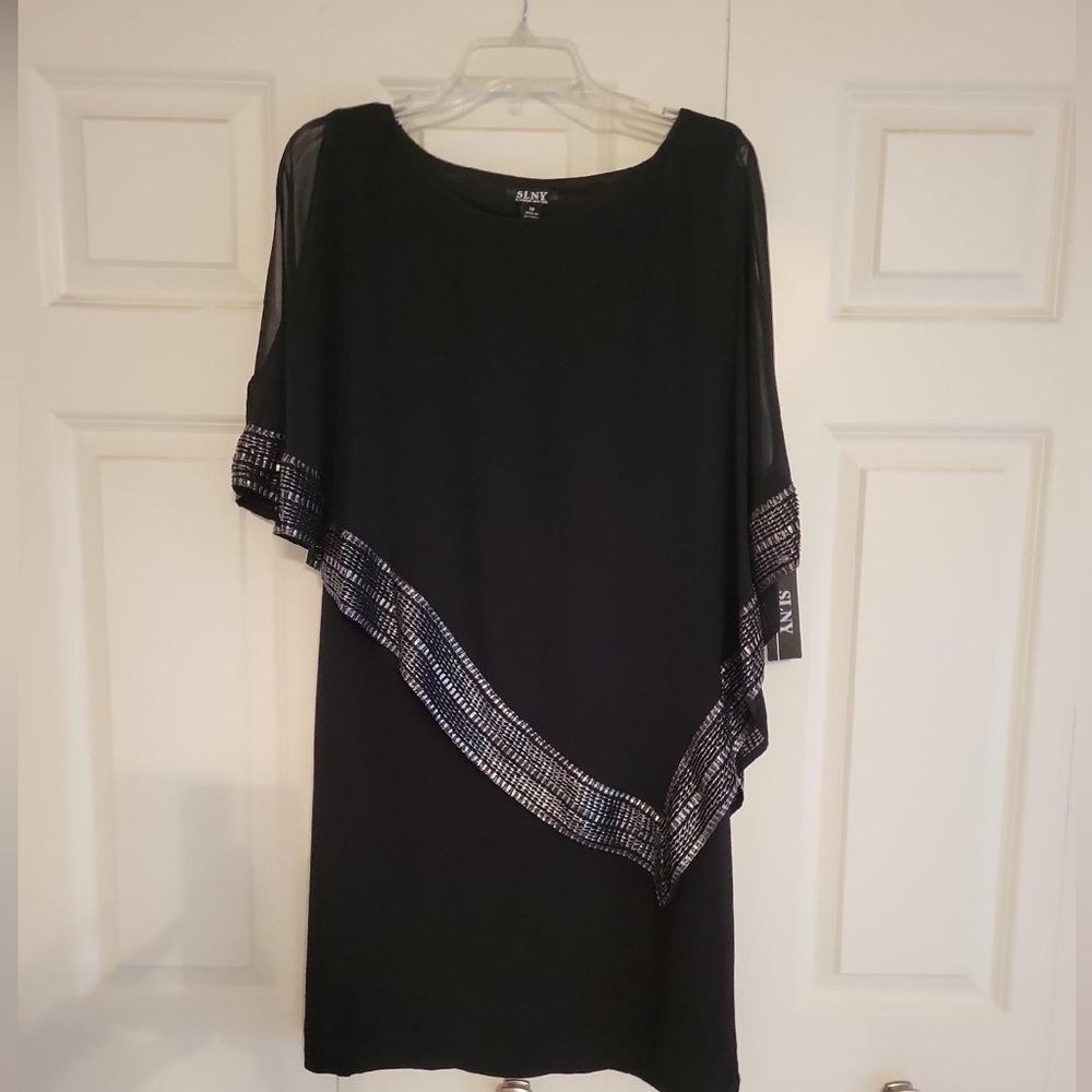 NWT SLNY asymmetrical dress black with woven detail